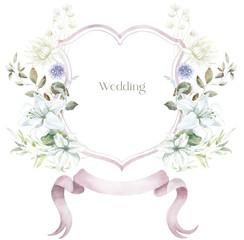 Watercolor Crest with white Flowers on the white Background. Wedding Design. - 635596168
