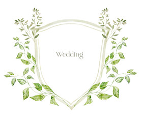 Watercolor Crest with green Leaves on the white Background. Wedding Design. - 635596353