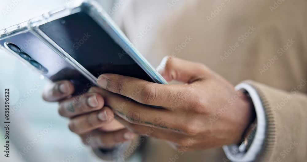 Aufkleber Hands of man on smartphone, typing in office and technology for connectivity, communication and networking. Online chat, mobile app and businessman with phone, checking email or social media in lobby