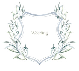 Watercolor Crest with green Leaves on the white Background. Wedding Design. - 635596505