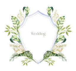 Watercolor Crest with white Flowers on the white Background. Wedding Design. - 635596763