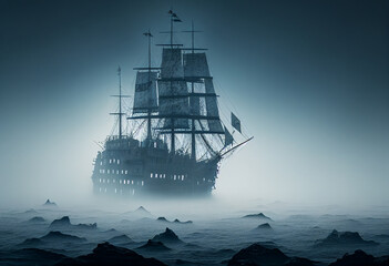 Obraz premium The ship is standing in the fog. AI Generated