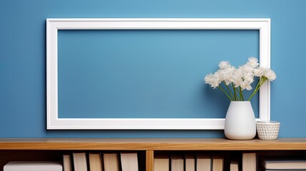 Photo framed in white from a wooden frame on a blue wall, generated by AI