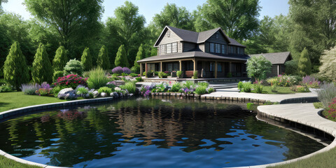 Obraz premium Scenic spring summer artificial pond environment surrounded by rocks with house in the background