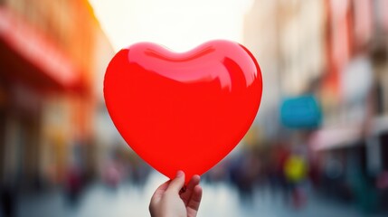 Female hand holding red heart shaped balloon on blurred outdoor background with copy space. Valentine's Day or Happy Birthday celebration concept.