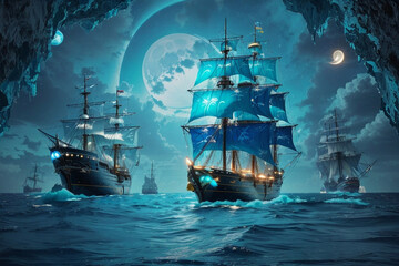 Envision a captivating scene of a mystic pirate ship adrift on the enchanting turquoise waters of a magical realm. Image created using artificial intelligence. - obrazy, fototapety, plakaty