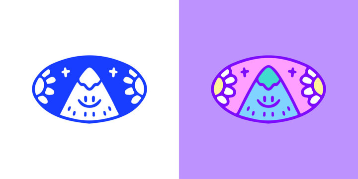 Cute mountain with smile face and sunflower emblem, illustration for logo, t-shirt, sticker, or apparel merchandise. With doodle, retro, groovy, and cartoon style.