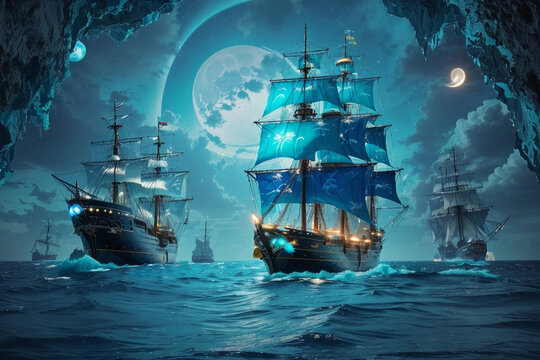 Envision a captivating scene of a mystic pirate ship adrift on the enchanting turquoise waters of a magical realm. Image created using artificial intelligence.