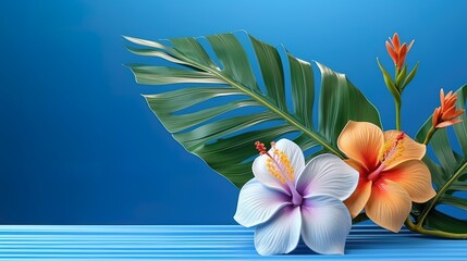 Tropical leaves with trees and flowers, with copy space, generated by AI
