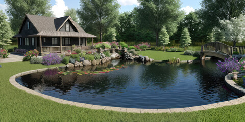 Obraz premium Scenic spring summer artificial pond environment surrounded by rocks with house in the background