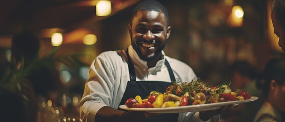 Smiling restaurant waiter with food tray. Generative AI