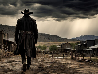 A lone cowboy strolling through the rugged streets of a western town, his presence shrouded in an air of mystery and intrigue. Scene in wild west town.