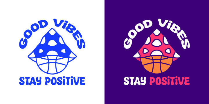 Basketball and mushroom with good vibes typography, illustration for logo, t-shirt, sticker, or apparel merchandise. With doodle, retro, groovy, and cartoon style.