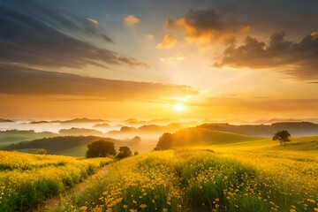 Obraz premium sunset field landscape of yellow flowers and grass meadow warm golden hour sunset sunrise time