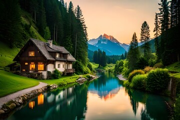 Fototapeta na wymiar Swiss landscape with river stream and houses