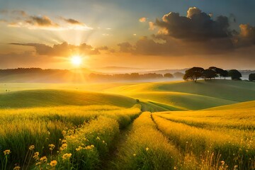  sunset field landscape of yellow flowers and grass meadow warm golden hour sunset sunrise time.
