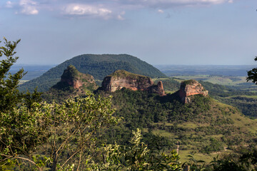 View of the rock formation known as Três Pedras, a set of testimonial hills, located in the rural...