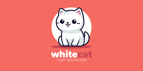 Versatile Mascot Logo Design: Cute Kawaii White Cat Cartoon Character Hand-Drawn Icon Illustration for Every Business Category like Pet Store, Pet Shop, Toys, Food, and More