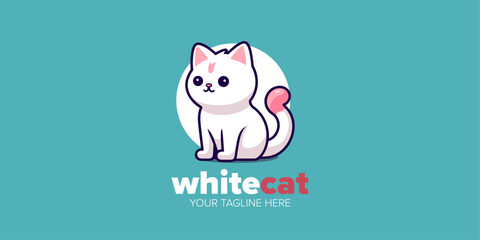 Cute Kawaii White Cat Mascot Cartoon Logo Design Icon Illustration Character Hand-Drawn: Perfectly Suitable for Every Category of Business, Company, Brand like Pet Store or Pet Shop, Toys, Food