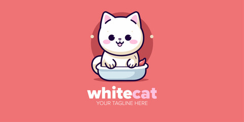 Adorable Hand-Drawn Character Illustration: Cute Kawaii White Cat Logo Design Icon for Pet Store, Pet Shop, Toys, Food, and Many More Business Categories
