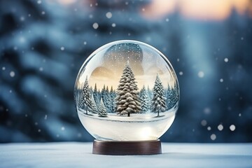 Fototapeta na wymiar Christmas glass ball with tree on winter background, winter theme background