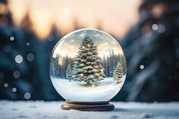 Christmas glass ball with tree on winter background, winter theme background