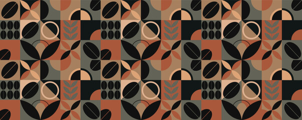Geometric coffee pattern design. Pattern in coffee tones for print, banner, flyer, coffee packaging. Design elements.