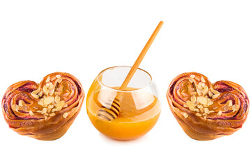 Sweet pastries and Bee honey isolated on white. Collage.