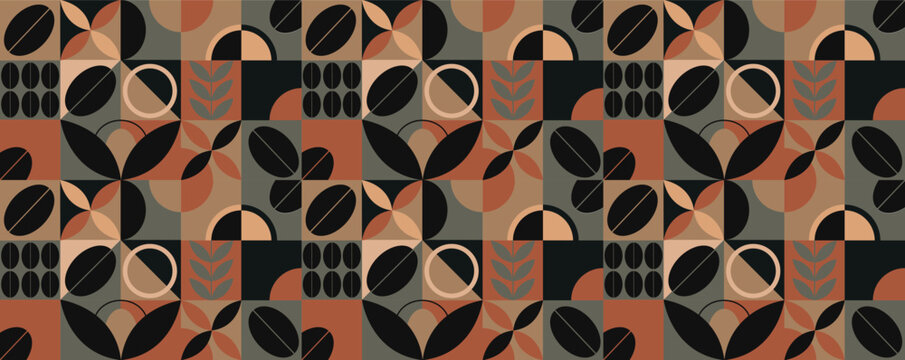 Geometric coffee pattern design. Pattern in coffee tones for print, banner, flyer, coffee packaging. Design elements.