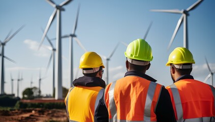 A team of workers in helmets and vests, engineers and inspectors inspect wind generators and turbines.