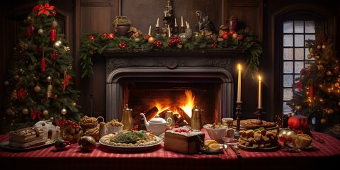 Christmas illustration, a festive table with food in a cozy room against the background of a fireplace.