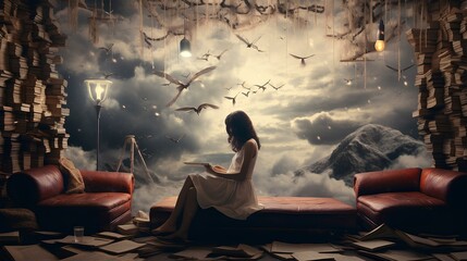 Surreal illustration, a girl among books, imagination, immersion in book history.