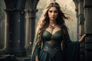 Fototapeta premium Poster Design of celtic warrior woman with Flowing Dress with Celtic Knot and Jewelry, Stone Ruins in thew background. Image created using artificial intelligence.