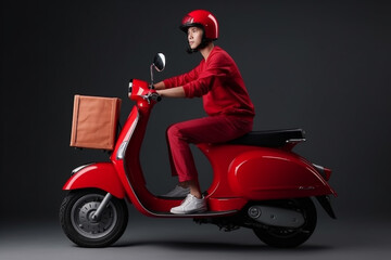 Full length portrait of a delivery man in red uniform and helmet sitting on a red scooter.