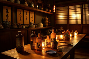 Fototapeta na wymiar Ancient Chinese medicine room with incense, bottles and candles on table