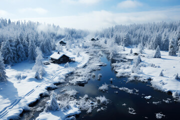 Freezing river in a snowy winter forest, snow and ice in nature, beautiful winter landscape