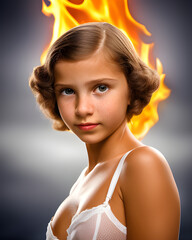 young woman with fire background 