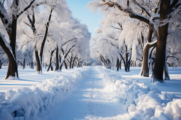 Obraz premium Snow-covered winter alley in the park, a path among trees covered with frost, cold season wallpaper