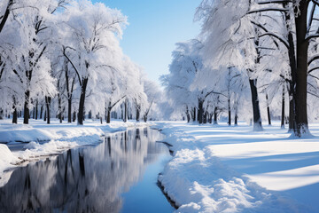 Snow-covered winter alley in the park with a stream, a path among trees covered with frost, cold season wallpaper