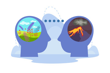 Obraz premium Emotional connection between people vector illustration. Flower field and volcano eruption inside two heads, friends understanding each other despite differences. Empathy, communication concept