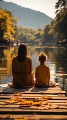 Mother and daughter are talking by the lake. Generative AI