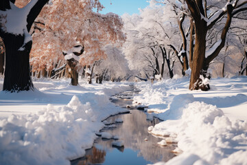 Snow-covered winter alley in the park with a stream, a path among trees covered with frost, cold season wallpaper