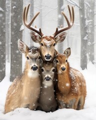 Animals huddling together for warmth in snowstorm.