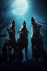 Wolves howl in unison under the full moon.