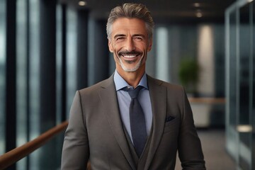 Fototapeta premium Happy handsome proud stylish mid aged mature professional business man ceo, successful confident smiling good looking male executive wearing suit standing in office looking at camera. Ai generated