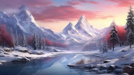 Freezing winter morning, snow-covered mountains at sunrise.