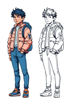 Back to school. A teenage boy with a backpack is walking to school. The student is dressed in a windbreaker, jeans and sneakers. Male student character. Vector illustration