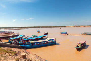 Houses and boats in a floating village, Tonle Sap lake, Siem Reap province, Cambodia