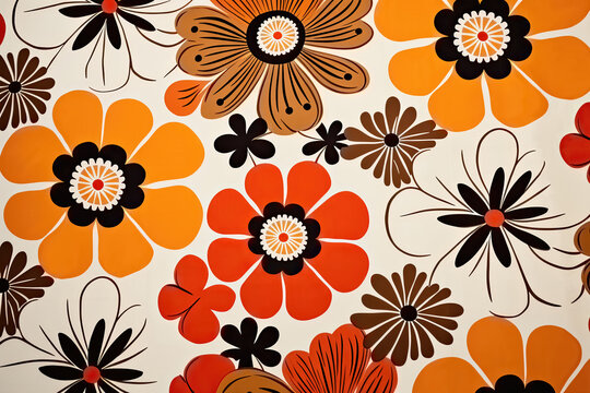 Orange-braun-schwarzes Blumenmuster auf hell beigem Hintergrund im Stil der 70er oder 60er Jahre, Retro Blumen