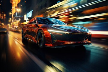 Luxury Futuristic Car at Night. Motion Background. City Night Life. Modern Wallpaper with Orange...